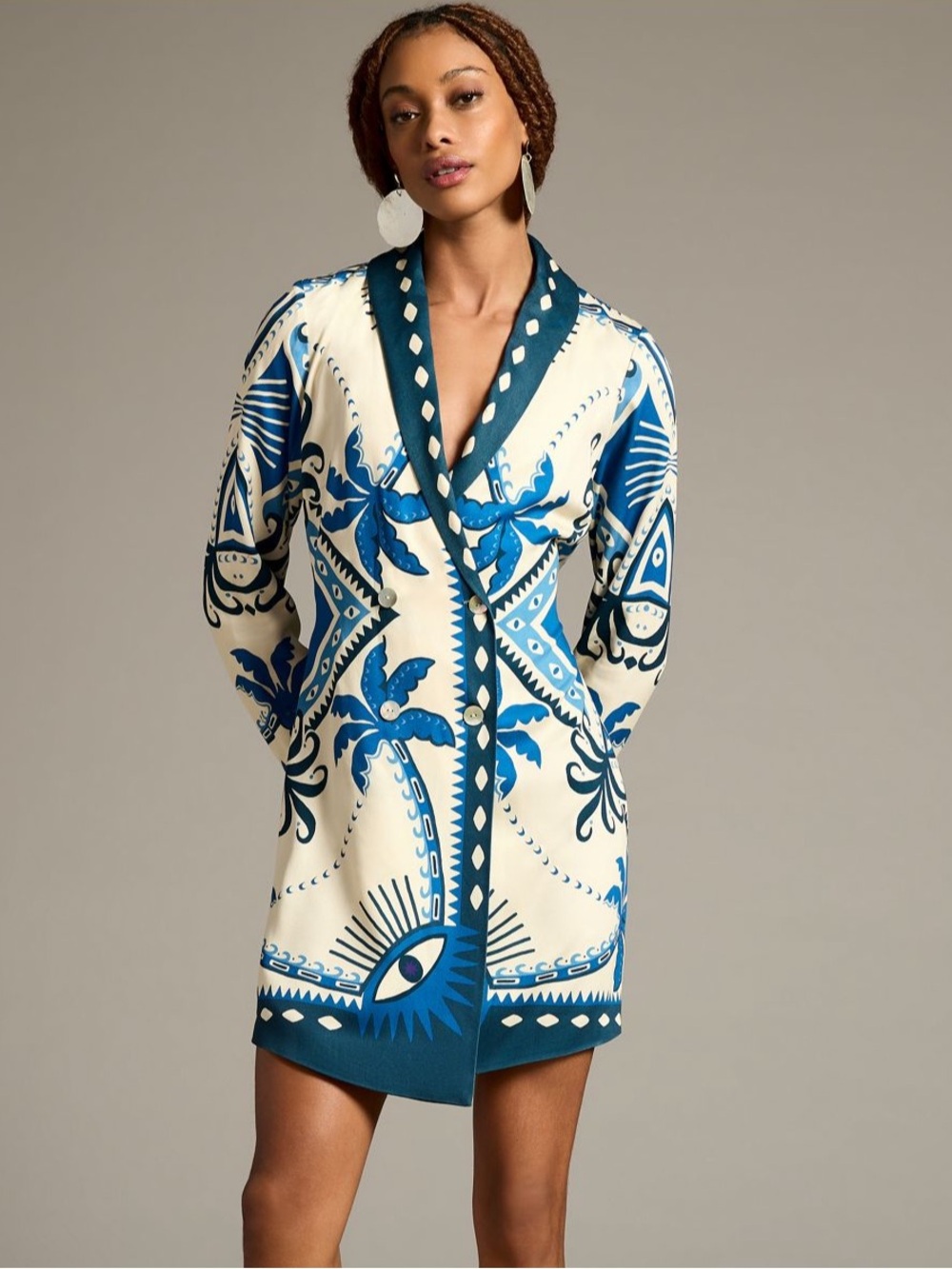 Farm Rio x Anthropologie Womens S Long-Sleeve Blazer Dress Blue/Cream Vacation